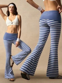 VARSIVA Women's Fold-Over Waist Striped Flare Leg Sports Pants - Multicolor - View 3