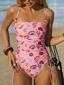 SHEIN Swim Vcay 女士夏季随机海星印花吊带抽绳连体泳衣，适合海滩和度假 - 彩色 - 查看 4