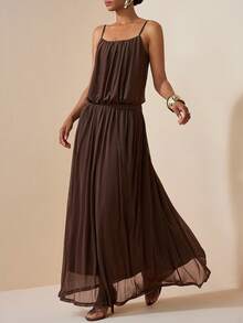 Zivah Summer New Casual Basic Vacation Beach Chiffon Spaghetti Strap Dress - Apricot - Brown - View 3