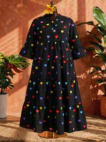 SHEIN CURVE+ Curve 尺码 US22 音乐节、海滨度假、波西米亚风女式印花喇叭袖宽松度假连衣裙 夏季/乡村/海滩度假装/海滩装/沙滩服饰 - 彩色 - 查看 1