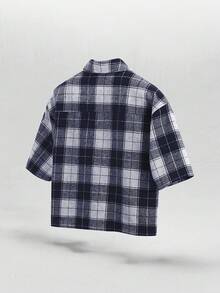 NEON BLANC Áo sơ mi nam tay ngắn kẻ caro họa tiết mạng nhện đính đá lấp lánh theo phong cách đường phố - Xanh và trắng - Xem 2