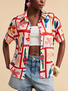 Travachic 波西米亚热带花卉印花女式衬衫 - 紅色 - 查看 1