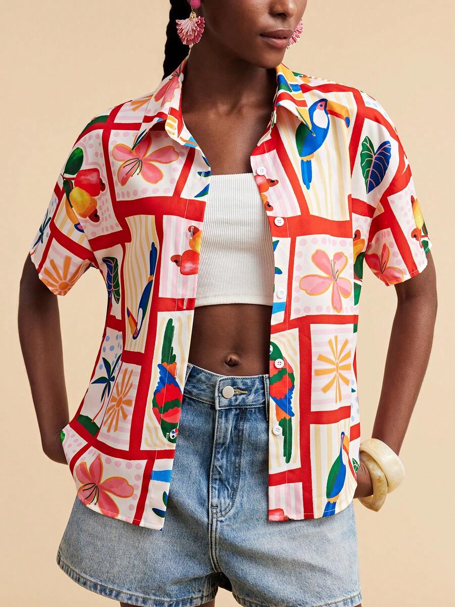 Travachic 波西米亚热带花卉印花女式衬衫 - 紅色 - 查看 1