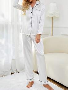 LuxeNights Contrast Binding Satin Pajama Set White Set, Fall Winter Clothes - White - View 4