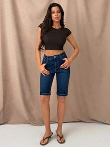 SHEIN Cottnline Slim Fit Mid-Length Denim Shorts, - Dark Wash - View 3