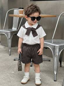 SHEIN 0-3岁男婴印花披肩、短袖衬衫和松紧腰字母印花短裤套装，适合所有季节、短途旅行、度假、外出、休闲、日常居家穿着、叠穿，适合3个月至24个月的男婴服装 - 彩色 - 查看 6