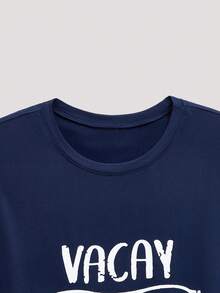 Open Phase Men's Summer Letter & Palm Tree Print Round Neck Casual Tank Top Spring To Summer - Navy Blue - View 3