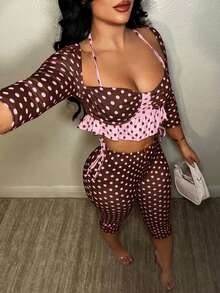 SHEIN SXY Bộ quần lửng 3/4 chấm bi đỏ gợi cảm cho ngày Valentine - màu nâu - Xem 6