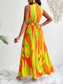 SOLERSUN Đầm maxi dáng xòe in họa tiết nhiệt đới, cổ chữ V, cạp chun, chất liệu dệt kim. Trang phục nữ. - trái cam - Xem 2