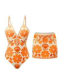 Sweetra 女士复古格子蓝色配套迷你连衣裙连体泳衣，适合度假 - 彩色 - 查看 1