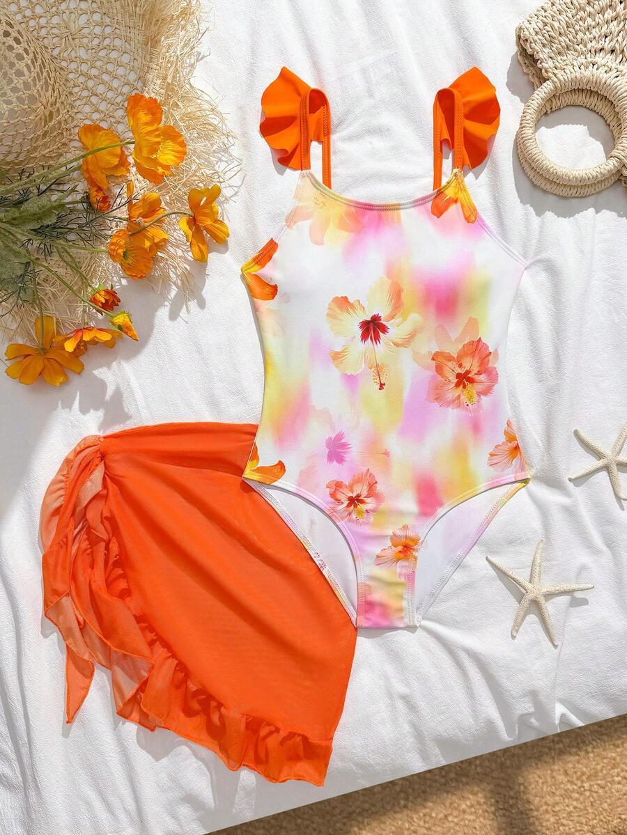 SHEIN Tween女孩花卉印花荷葉邊1件式泳衣附遮罩裙,適合游泳、度假、夏季海灘,粉色花卉女孩泳衣套裝,2件套,適合8歲女孩,粉色荷葉邊泳衣套裝,扶桑花泳衣,小女孩泳裝套裝 - 彩色 - 查看 1
