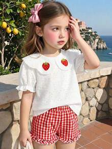 女婴夏季休闲乡村度假风草莓贴花荷叶边领泡泡袖露脐上衣搭配格纹荷叶边短裤套装 - 彩色 - 查看 2