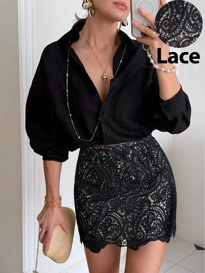 Siren Gaze Elegant High-Waisted Black Lace-Trimmed Midi Skirt For Summer; Sexy And Slim-Fitting Bodycon Mini Skirt For Women; Versatile For Commuting; Perfect For Teacher's Day, Back-To-School Season, Dates, And Outings Black Lace Skirt Low Waist Skirt