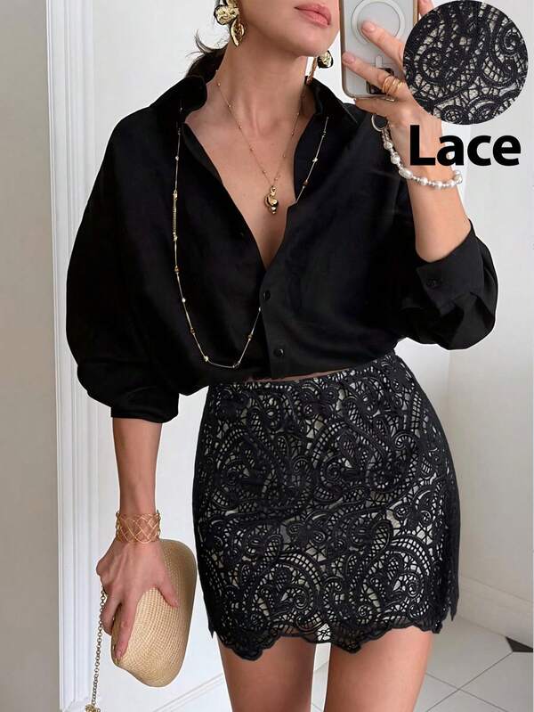 Siren Gaze Elegant High-Waisted Black Lace-Trimmed Midi Skirt For Summer; Sexy And Slim-Fitting Bodycon Mini Skirt For Women; Versatile For Commuting; Perfect For Teacher's Day, Back-To-School Season, Dates, And Outings Black Lace Skirt Low Waist Skirt