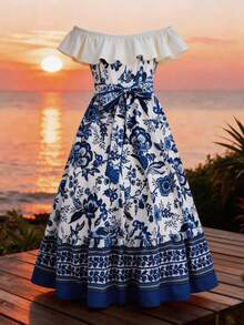 GlowEve 女士蓝白碎花露肩荷叶边领腰A字连衣裙，优雅百搭，适合度假、日常穿着、通勤、约会，展现法式街头风、复古风、假日风情，适合早春/春夏穿着，新款长裙 - 藍白色 - 查看 3