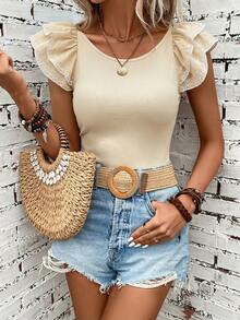 SHEIN Clasi Cap Sleeve Embroidered Floral Casual Elegant Vacation T-Shirt,Summer Top - Apricot - View 3