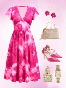 Ellevyn Vestido de mujer de longitud media con cuello en V y estampado floral elegante, adecuado para vacaciones de verano, atuendos de salida de mujer, vestidos de verano de mujer, atuendos de verano de mujer, vestido de Pascua de mujer, vestido de primavera de mujer, ropa de vacaciones de mujer - Rosa Fucsia - Ver 7