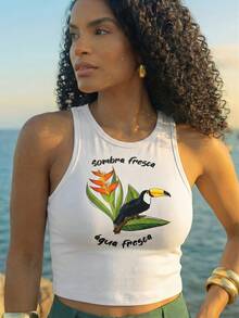 CAJUNI Blusa casual ajustada con cuello redondo y estampado de letras y pájaros, adecuada para citas y salidas - Beis - Ver 7