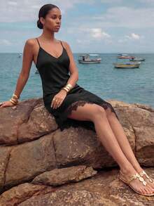 CAJUNI Đầm midi nữ phối ren, kiểu dáng thường ngày, thích hợp cho kỳ nghỉ, đi biển. - màu đen - Xem 1