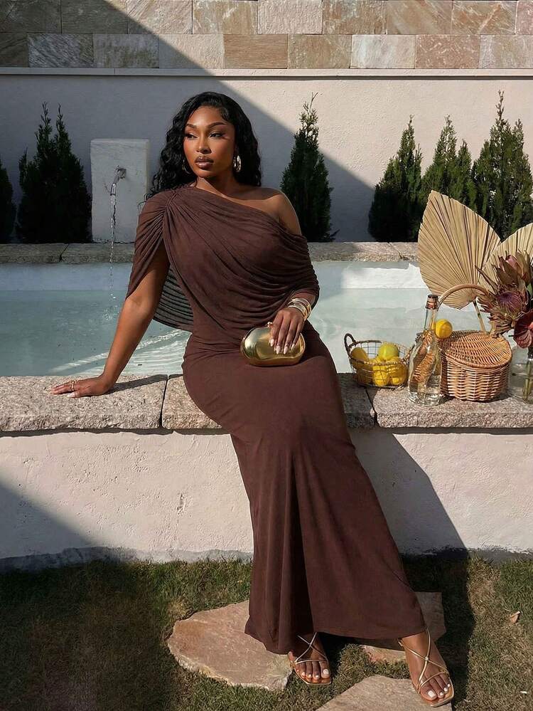 Vestido largo asimétrico y drapeado de moda casual y elegante para mujer de talla grande, para primavera/verano. Vestido de noche formal y elegante hasta el suelo, tipo diosa, para ocasiones especiales como bodas y eventos - Marrón - Añade 1