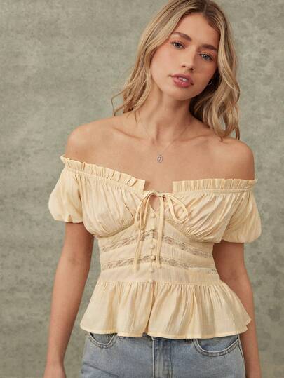 WESTFADE 丝质提花短袖抹胸上衣，带荷叶边