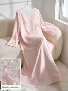 Al Najma Vestido elegante de manga larga con estampado digital de lentejuelas suelto y de color rosa para mujeres - Rosa - Ver 2