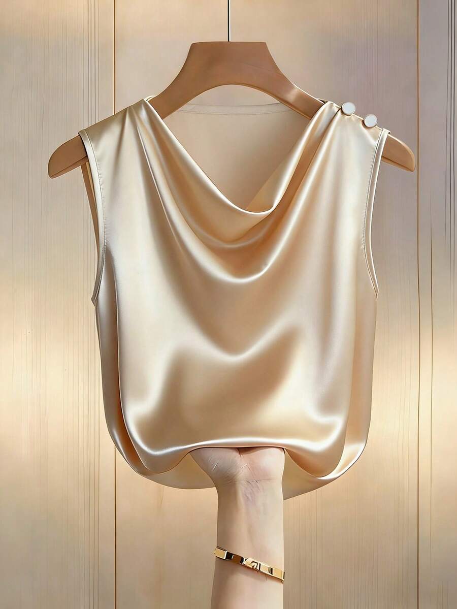 Franclia Sexy Fitted Plunging Neck Blouse With Side Ruffle Detail, Spring/Summer - Beige - View 1