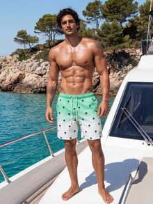 Manfinity Swimmode Men's Palm Tree Print Drawstring Waist Beach Shorts - Green - View 3