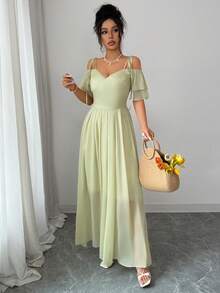 SHEIN Raffinéa 女款優雅鼠尾草綠夏季婚禮賓客洋裝，荷葉邊露肩綁帶百褶A字長版雪紡戶外約會洋裝 - 綠色 - 查看 6