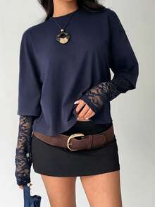 Aloruh Áo thun nữ dáng ôm cổ tròn màu trơn, kiểu dáng thường ngày, phối ren ngọt ngào. - Màu xanh hải quân - Xem 9