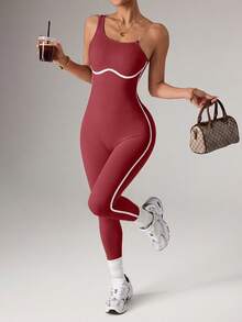 Dewbera Women's Seamless One Shoulder Jumpsuit,White And Burgundy Summer Athleisure Gym Outfit,Slim Fit Side Line Design Yoga Workout One Piece Activewear - Burgundy - View 5