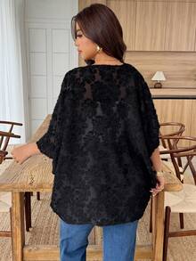 Weeklong Plus Size Women's Elegant Commuter Casual Batwing Sleeve Layered Jacquard Loose Cardigan Outwear, Spring/Summer - Black - View 2