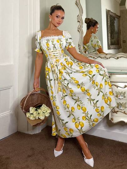  SHEIN Step Into Cottagecore Romance With This Lemon Print Corset Maxi Dress. Featuring A Flattering Square Neckline, Sweet Puff Sleeves, And A Waist-Cinching Lace-Up Corset Bodice, It Creates An Instantly Feminine Silhouette. The Flowy Skirt Moves Beautifully, Making It Perfect For Summer Vacations, Garden Parties, Brunch, Picnics, Bridal Shower, And Wedding Guest Occasions. Pair With Strappy Heels Or Ballet Flats For An Effortless, Elegant Look  Spring Dress Women Beach Outfits For Womengoing O