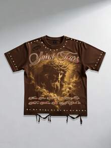 ROMWE MEN Street Life Spring/Summer Casual Graphic Men'S Street Jesus Print Short Sleeve T-Shirt - Coffee Brown - View 4