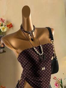 SHEIN EZwear 女款休閒抽繩綁結短版抹胸上衣，波點印花，夏季上衣 - 鏽棕色 - 查看 6