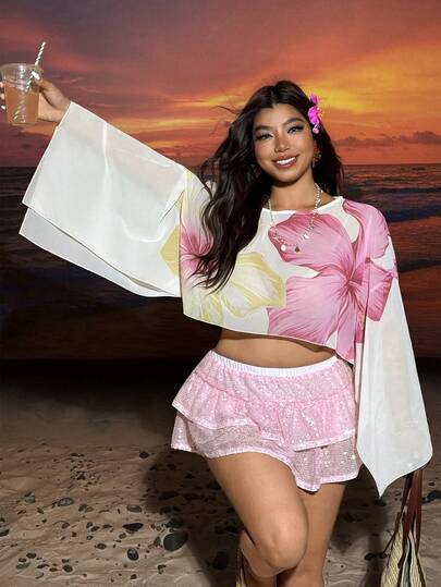 Comfortcana Plus Size Summer Floral Print Asymmetrical Shoulder Cropped Shirt