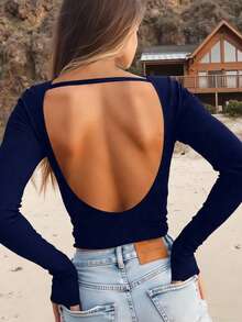 INAWLY Camiseta de manga larga casual ajustada con cuello de barco y espalda descubierta, de unicolor, para mujer de talla grande - Azul Marino - Ver 4