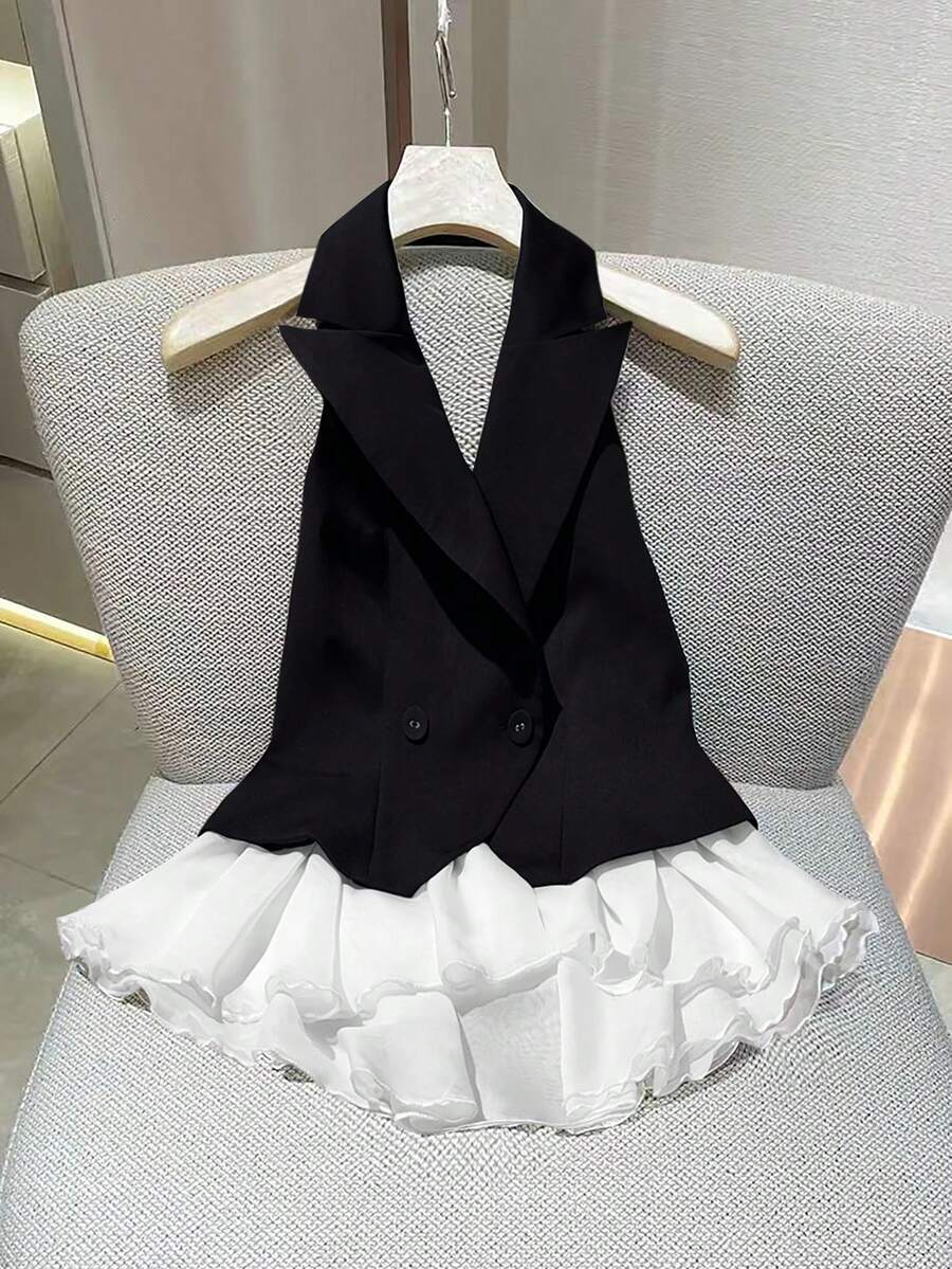 Resyla 新款时尚露背荷叶边无袖西装外套，黑白法式休闲优雅女式衬衫 - 黑色 - 查看 1