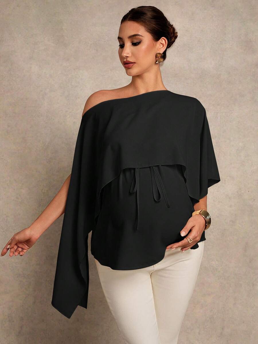 MaterniChic Maternity Asymmetric Hem Casual Solid Color Elegant Blouse For Summer - Black - View 1