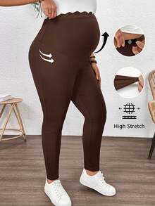 Plussiva 孕妇加大码纯色高弹力可调节腰围裤 - 棕色 - 查看 1