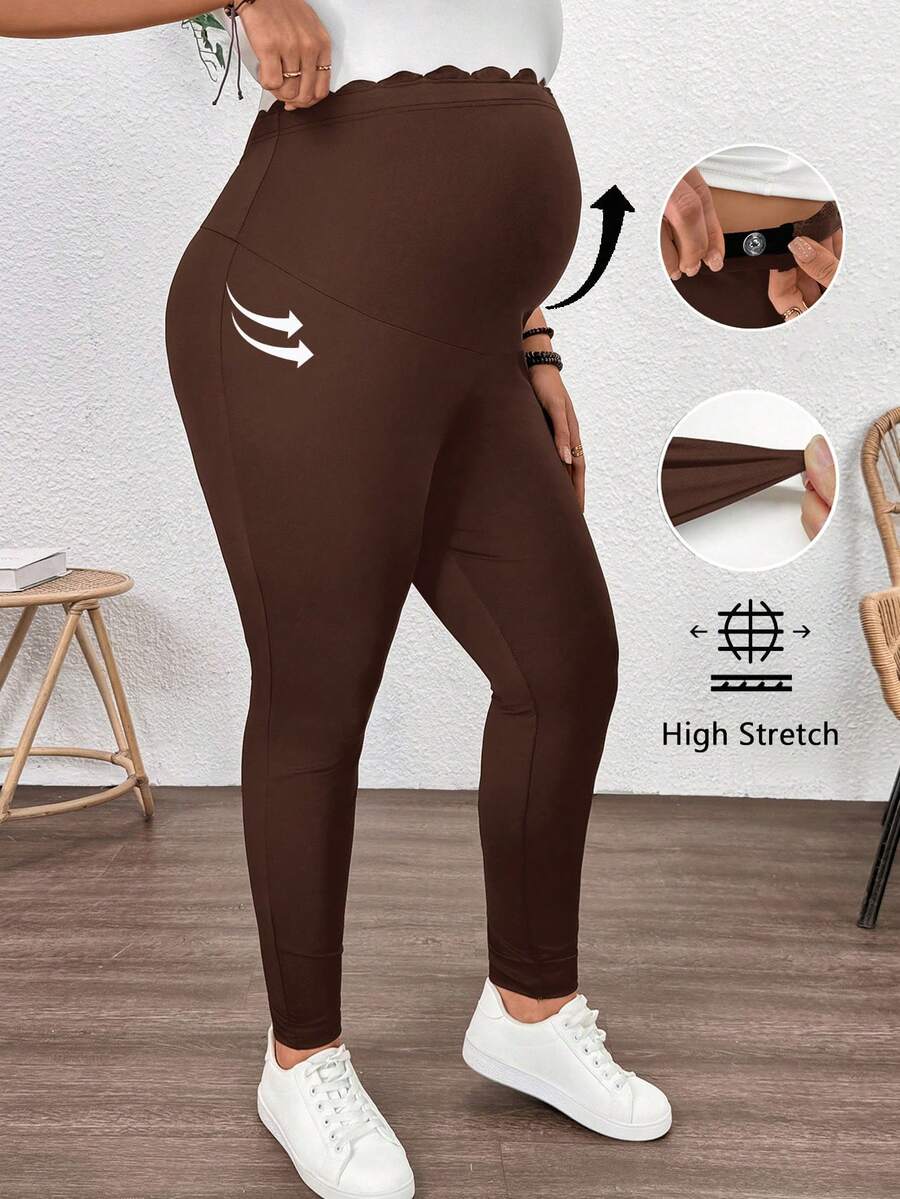Plussiva 孕妇加大码纯色高弹力可调节腰围裤 - 棕色 - 查看 1