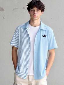 Mirajuku 青少年男童休闲条纹拼接撞色衬衫，时尚百搭，适合日常通勤，可搭配白色T恤和牛仔裤。 - 藍色 - 查看 7