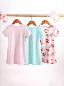 3件套女婴短袖中长睡衣套装，蓝、绿、粉、白四色组合，卡通可爱狗狗图案，休闲宽松舒适柔软夏季睡衣 - 粉色 - 查看 4