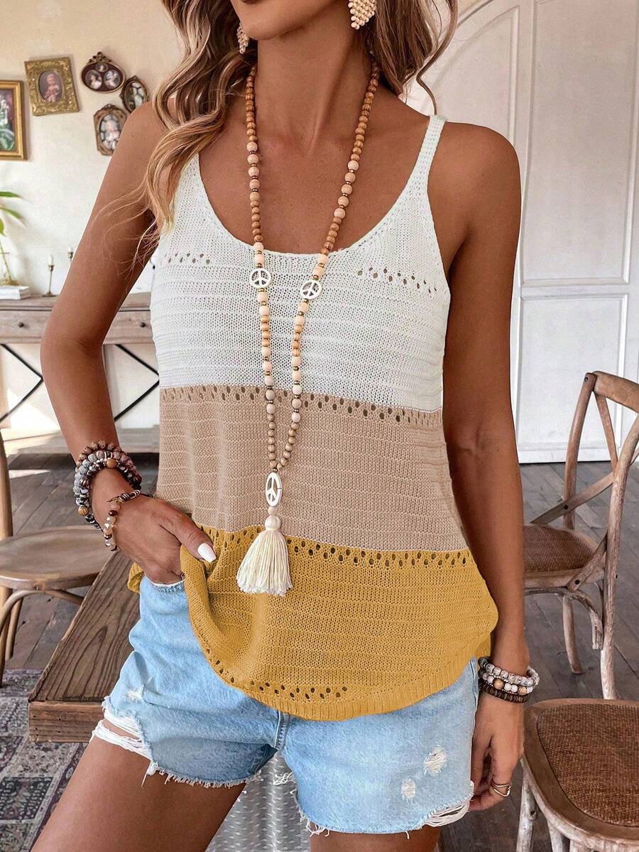 Breezaya Áo vest dệt kim cổ tròn khoét rỗng phối màu dành cho nữ, áo vest mùa hè cho nữ, trang phục thường ngày cho nữ, áo tank top dệt kim mùa hè cho nữ, áo kiểu nữ cho mùa hè - Nhiều màu - Xem 1