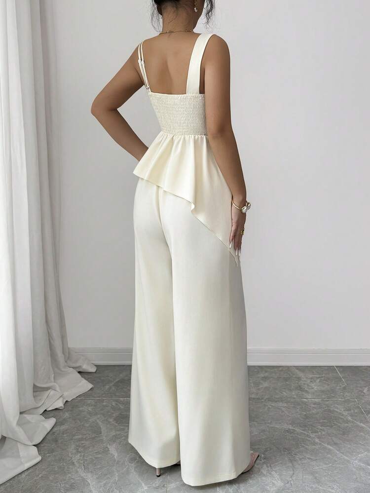 SHEIN Elenzya Conjunto de 2 piezas de top corto con tirantes de espagueti con decoración floral en color albaricoque y dorado, y pantalones de pierna ancha con bajo irregular, elegante y casual para uso diario, vacaciones, estilo vintage francés, negocios y festivales, primavera/verano - Albaricoque - Añade 2