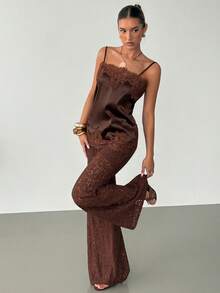 女士棕色低腰蕾丝直筒裤，夏季必备，复古花卉镂空设计，休闲时尚，修身剪裁。女士夏季裤装，波西米亚风长裤，可作泳装罩衫。 - 棕色 - 查看 8