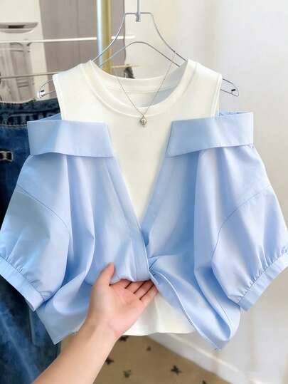 GlowEve Women's Casual Loose Fit Contrast Color Off-Shoulder Short Sleeve Shirt
