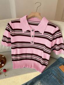 SHEIN EZwear 女士休闲日常条纹多色毛衣 - 粉色 - 查看 5