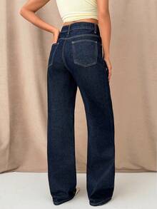EURMUSE High Waist Raw Wash 100% Cotton Straight Leg Denim Jean - Dark Wash - View 5