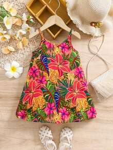 SHEIN Babygirl Vacation Casual Floral Print Loose Strap Dress - Multicolor - View 4